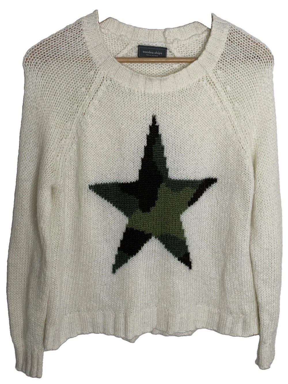 Wooden Ships Camo Star Sz S/M Mohair Wool Blend Raglan Boho Cream Green